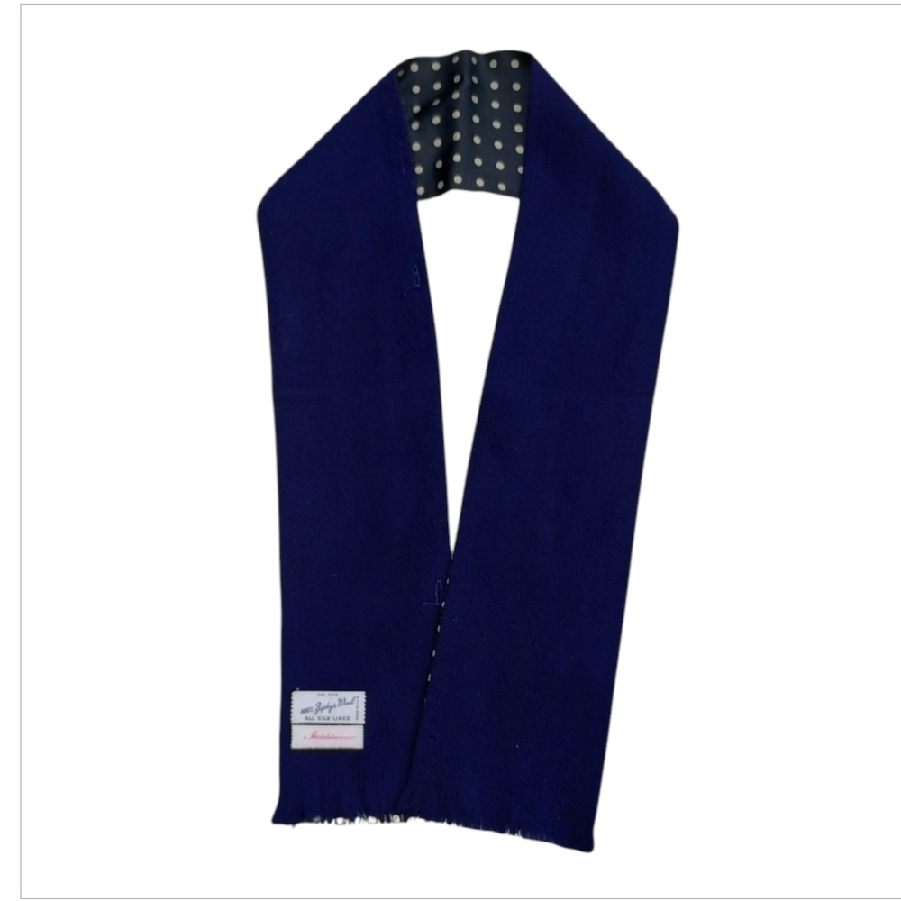 Vintage Zephyr Wool And Silk Reversible Button Scarf Navy Blue Polka Dots
